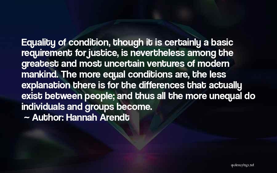 Hannah Arendt Quotes: Equality Of Condition, Though It Is Certainly A Basic Requirement For Justice, Is Nevertheless Among The Greatest And Most Uncertain
