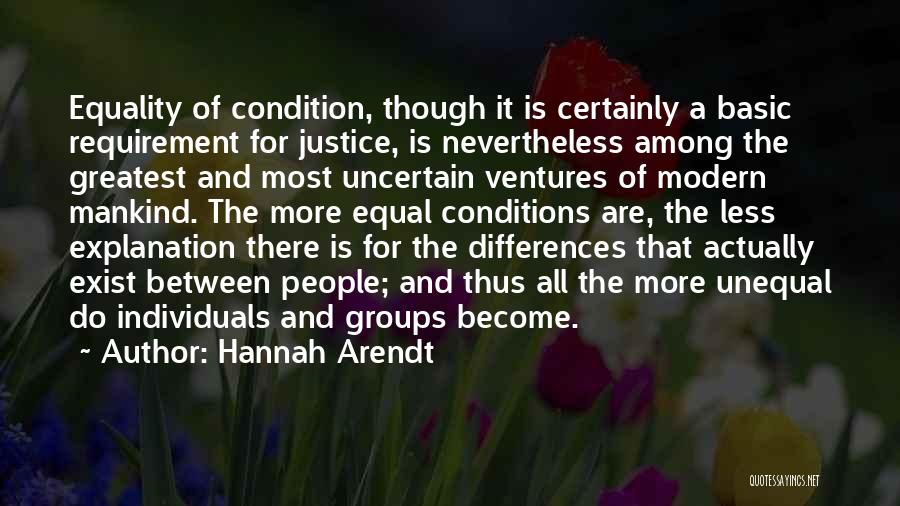 Hannah Arendt Quotes: Equality Of Condition, Though It Is Certainly A Basic Requirement For Justice, Is Nevertheless Among The Greatest And Most Uncertain