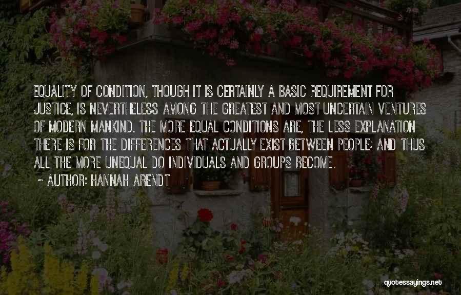 Hannah Arendt Quotes: Equality Of Condition, Though It Is Certainly A Basic Requirement For Justice, Is Nevertheless Among The Greatest And Most Uncertain