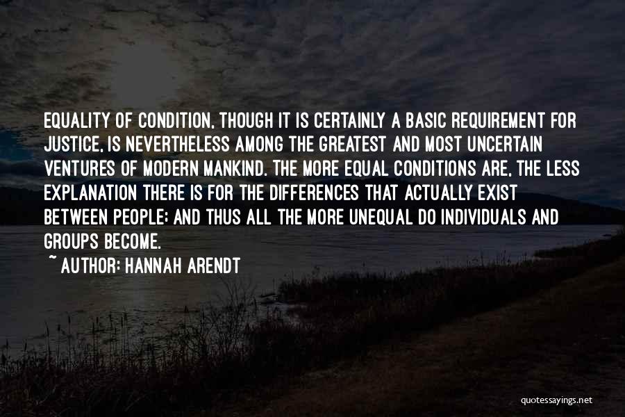 Hannah Arendt Quotes: Equality Of Condition, Though It Is Certainly A Basic Requirement For Justice, Is Nevertheless Among The Greatest And Most Uncertain