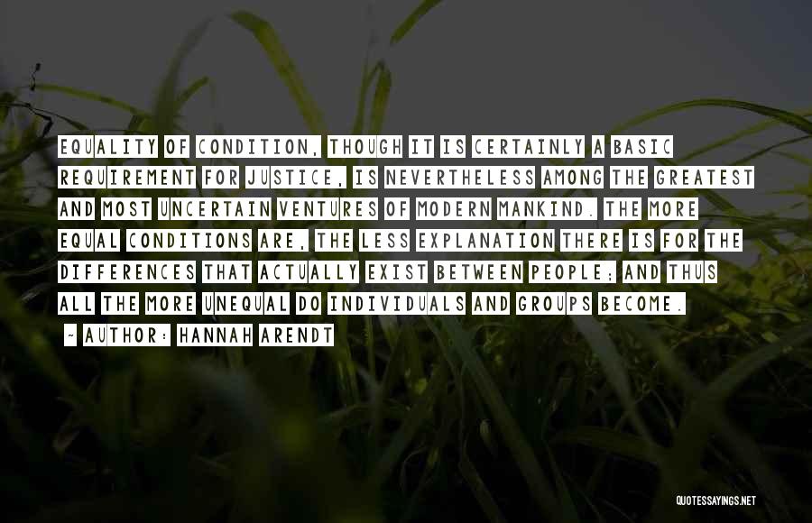 Hannah Arendt Quotes: Equality Of Condition, Though It Is Certainly A Basic Requirement For Justice, Is Nevertheless Among The Greatest And Most Uncertain