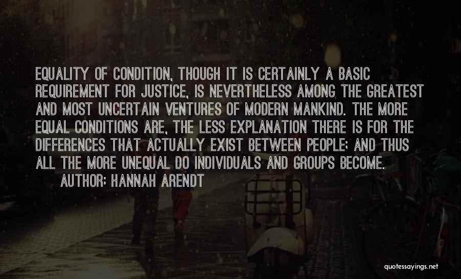 Hannah Arendt Quotes: Equality Of Condition, Though It Is Certainly A Basic Requirement For Justice, Is Nevertheless Among The Greatest And Most Uncertain