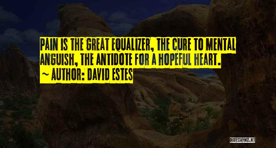 David Estes Quotes: Pain Is The Great Equalizer, The Cure To Mental Anguish, The Antidote For A Hopeful Heart.