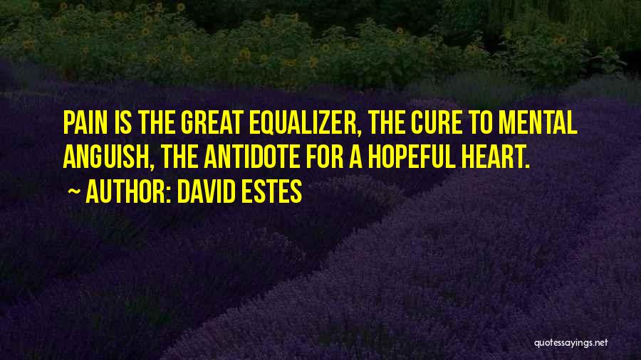 David Estes Quotes: Pain Is The Great Equalizer, The Cure To Mental Anguish, The Antidote For A Hopeful Heart.