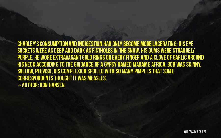 Ron Hansen Quotes: Charley's Consumption And Indigestion Had Only Become More Lacerating; His Eye Sockets Were As Deep And Dark As Fistholes In