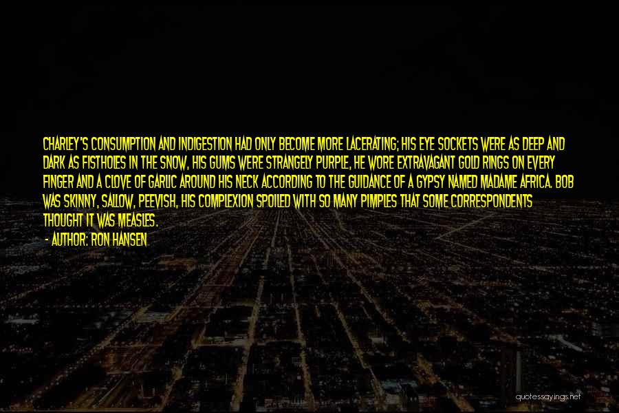 Ron Hansen Quotes: Charley's Consumption And Indigestion Had Only Become More Lacerating; His Eye Sockets Were As Deep And Dark As Fistholes In