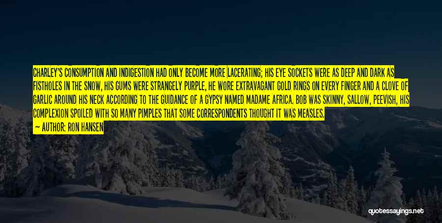 Ron Hansen Quotes: Charley's Consumption And Indigestion Had Only Become More Lacerating; His Eye Sockets Were As Deep And Dark As Fistholes In