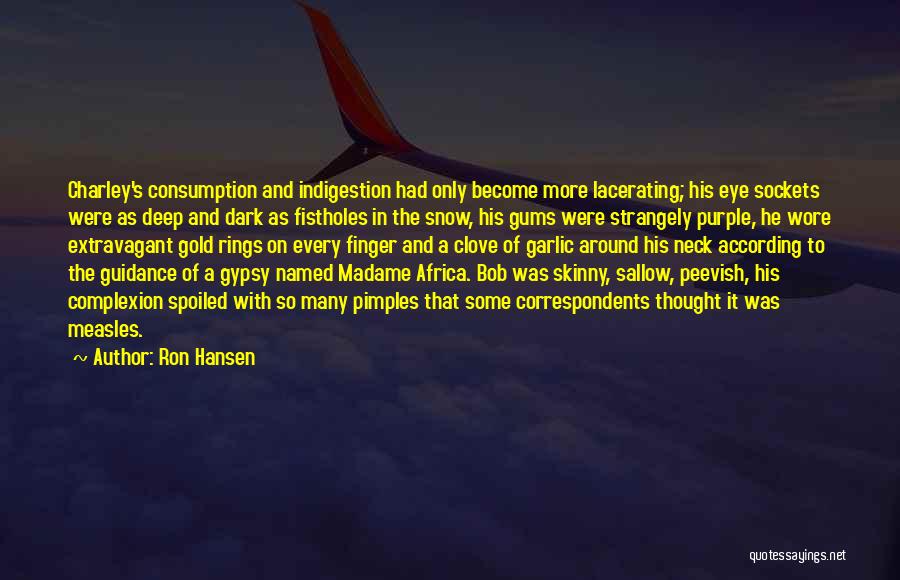 Ron Hansen Quotes: Charley's Consumption And Indigestion Had Only Become More Lacerating; His Eye Sockets Were As Deep And Dark As Fistholes In