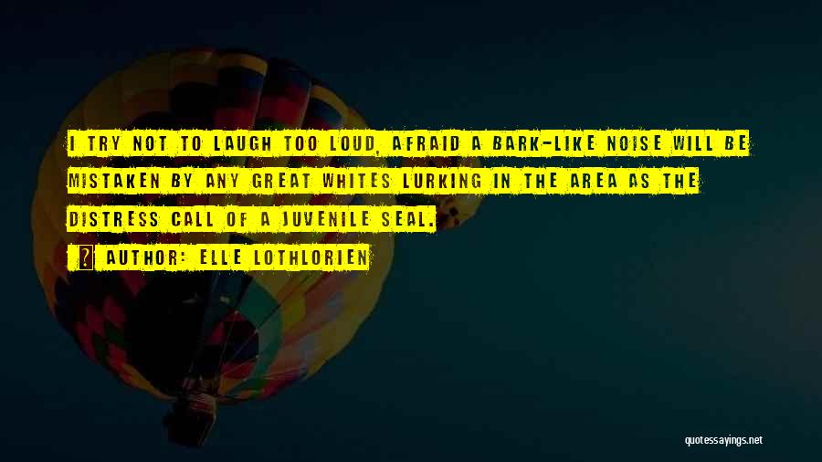 Elle Lothlorien Quotes: I Try Not To Laugh Too Loud, Afraid A Bark-like Noise Will Be Mistaken By Any Great Whites Lurking In