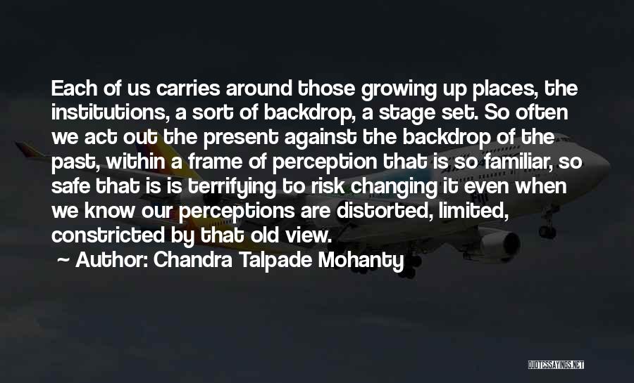 Chandra Talpade Mohanty Quotes: Each Of Us Carries Around Those Growing Up Places, The Institutions, A Sort Of Backdrop, A Stage Set. So Often