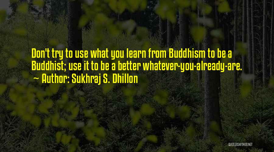 Sukhraj S. Dhillon Quotes: Don't Try To Use What You Learn From Buddhism To Be A Buddhist; Use It To Be A Better Whatever-you-already-are.