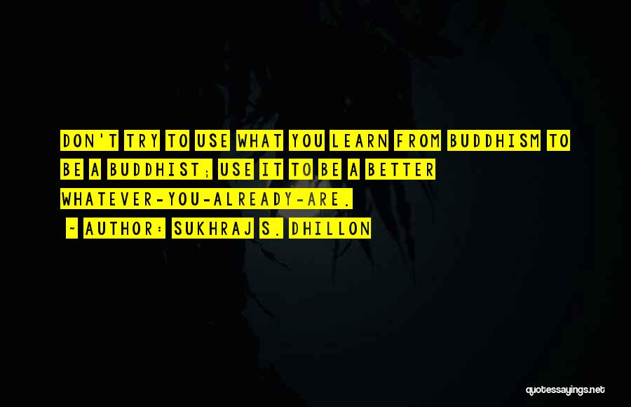 Sukhraj S. Dhillon Quotes: Don't Try To Use What You Learn From Buddhism To Be A Buddhist; Use It To Be A Better Whatever-you-already-are.