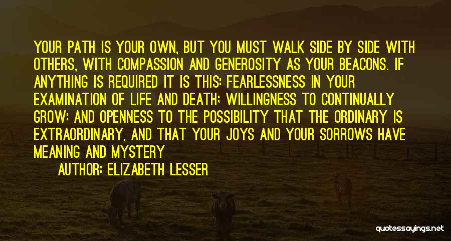 Elizabeth Lesser Quotes: Your Path Is Your Own, But You Must Walk Side By Side With Others, With Compassion And Generosity As Your