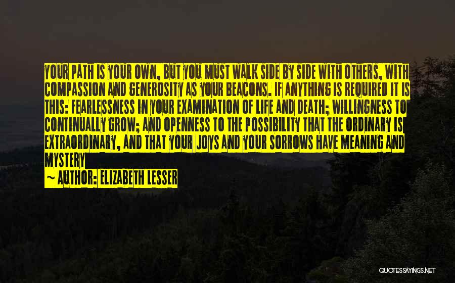 Elizabeth Lesser Quotes: Your Path Is Your Own, But You Must Walk Side By Side With Others, With Compassion And Generosity As Your