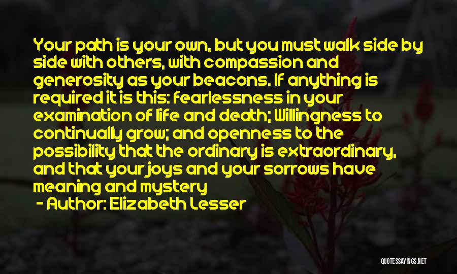 Elizabeth Lesser Quotes: Your Path Is Your Own, But You Must Walk Side By Side With Others, With Compassion And Generosity As Your