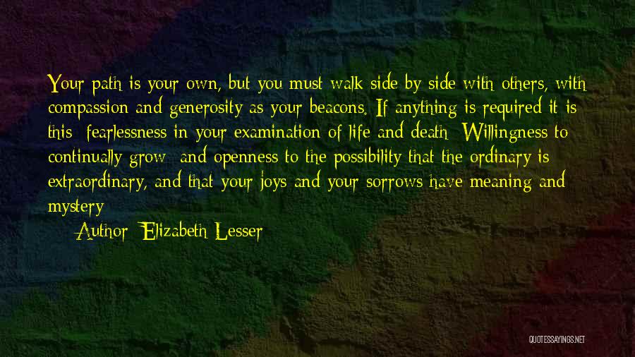 Elizabeth Lesser Quotes: Your Path Is Your Own, But You Must Walk Side By Side With Others, With Compassion And Generosity As Your