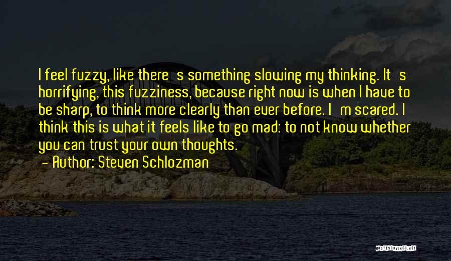 Steven Schlozman Quotes: I Feel Fuzzy, Like There's Something Slowing My Thinking. It's Horrifying, This Fuzziness, Because Right Now Is When I Have