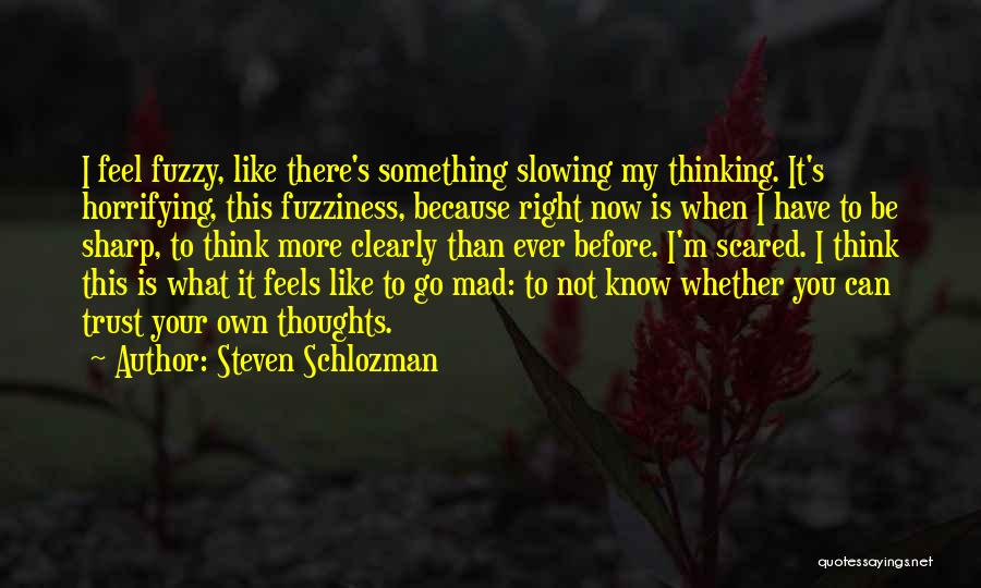 Steven Schlozman Quotes: I Feel Fuzzy, Like There's Something Slowing My Thinking. It's Horrifying, This Fuzziness, Because Right Now Is When I Have
