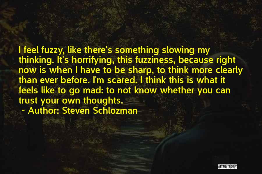 Steven Schlozman Quotes: I Feel Fuzzy, Like There's Something Slowing My Thinking. It's Horrifying, This Fuzziness, Because Right Now Is When I Have