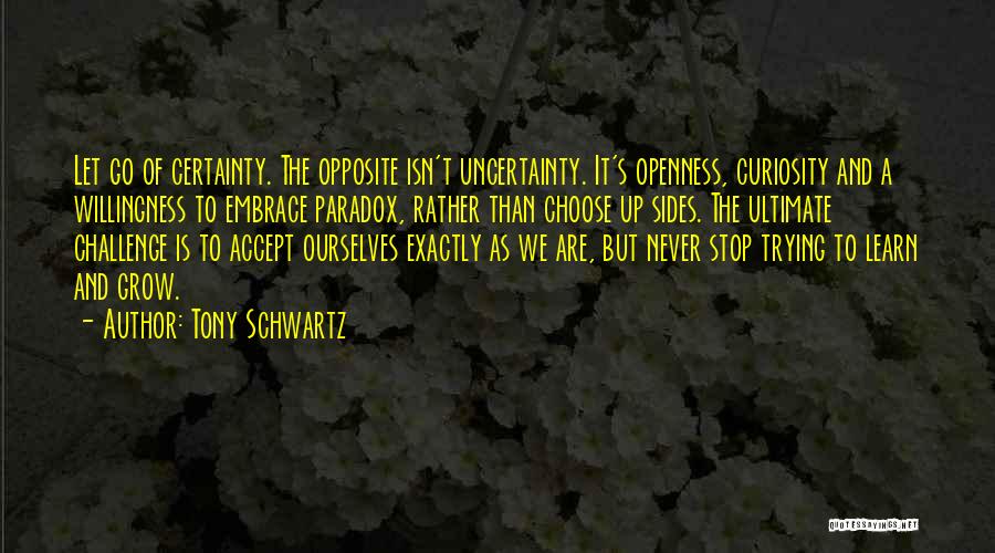 Tony Schwartz Quotes: Let Go Of Certainty. The Opposite Isn't Uncertainty. It's Openness, Curiosity And A Willingness To Embrace Paradox, Rather Than Choose