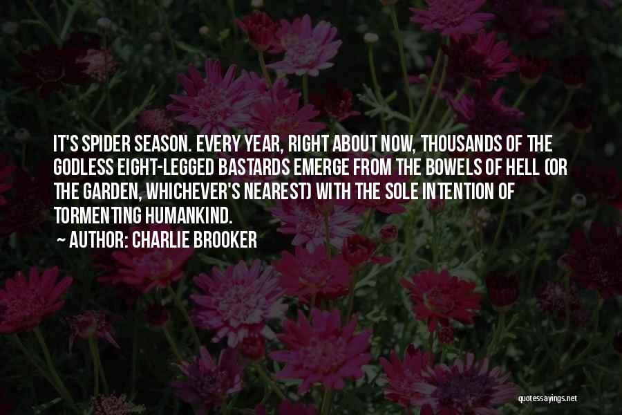 Charlie Brooker Quotes: It's Spider Season. Every Year, Right About Now, Thousands Of The Godless Eight-legged Bastards Emerge From The Bowels Of Hell