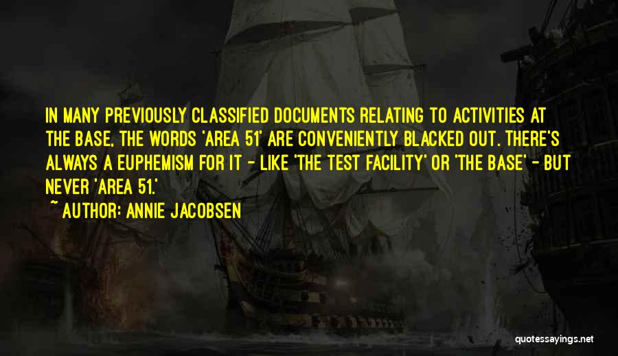 Annie Jacobsen Quotes: In Many Previously Classified Documents Relating To Activities At The Base, The Words 'area 51' Are Conveniently Blacked Out. There's