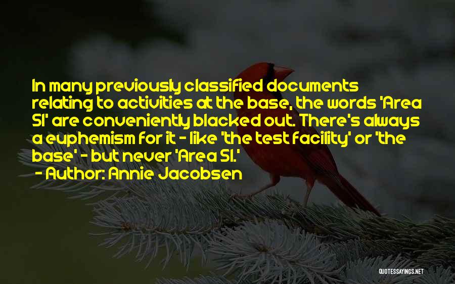 Annie Jacobsen Quotes: In Many Previously Classified Documents Relating To Activities At The Base, The Words 'area 51' Are Conveniently Blacked Out. There's