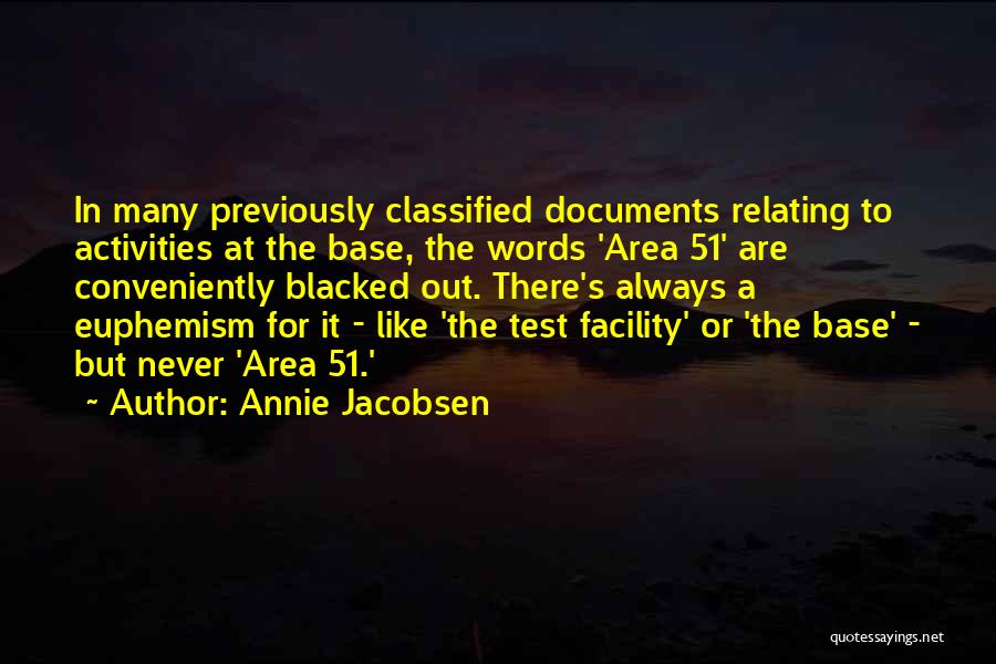 Annie Jacobsen Quotes: In Many Previously Classified Documents Relating To Activities At The Base, The Words 'area 51' Are Conveniently Blacked Out. There's