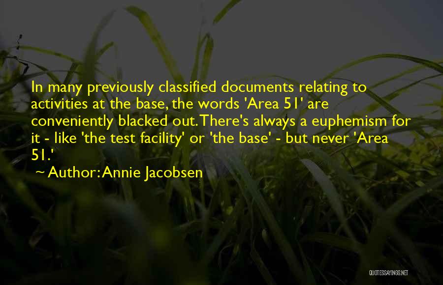 Annie Jacobsen Quotes: In Many Previously Classified Documents Relating To Activities At The Base, The Words 'area 51' Are Conveniently Blacked Out. There's