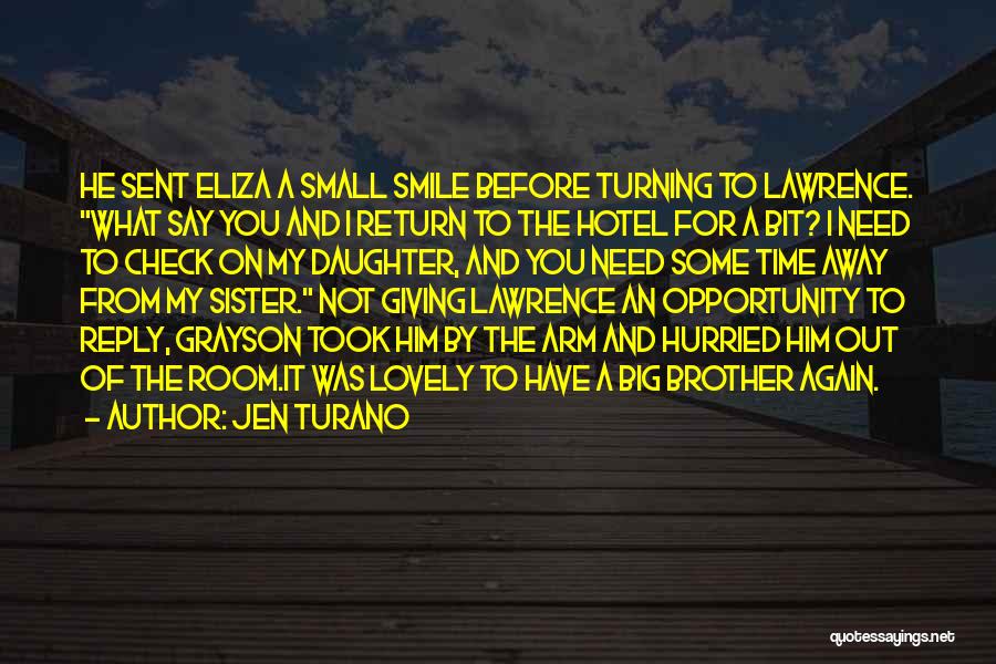 Jen Turano Quotes: He Sent Eliza A Small Smile Before Turning To Lawrence. What Say You And I Return To The Hotel For