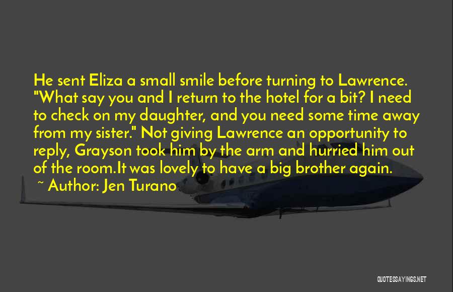 Jen Turano Quotes: He Sent Eliza A Small Smile Before Turning To Lawrence. What Say You And I Return To The Hotel For