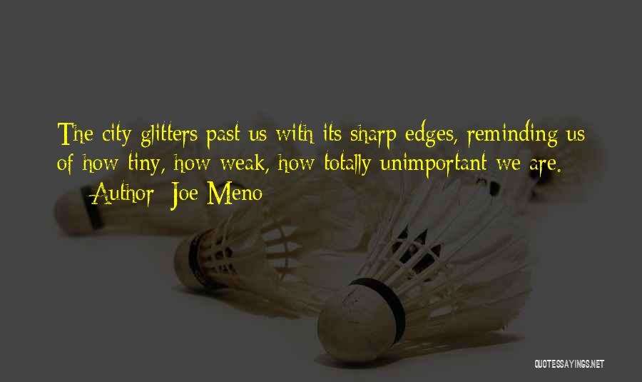 Joe Meno Quotes: The City Glitters Past Us With Its Sharp Edges, Reminding Us Of How Tiny, How Weak, How Totally Unimportant We