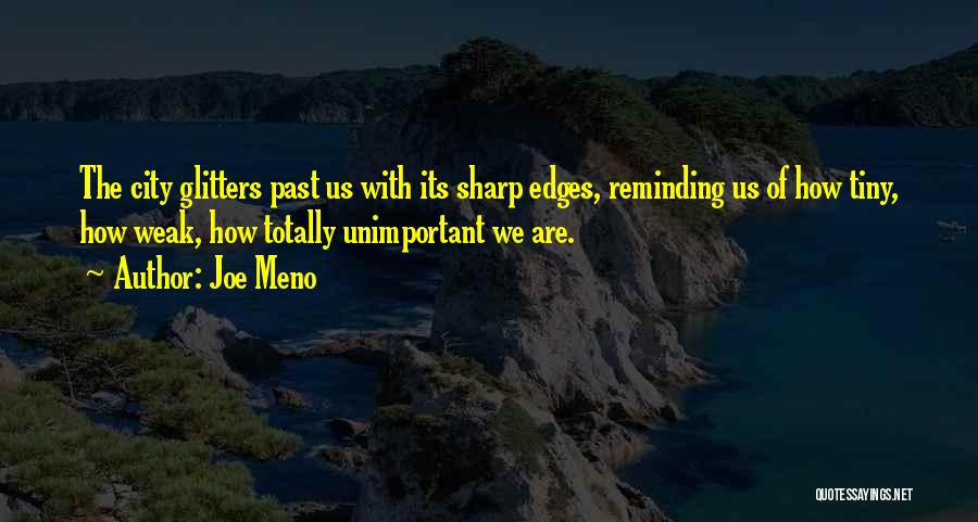 Joe Meno Quotes: The City Glitters Past Us With Its Sharp Edges, Reminding Us Of How Tiny, How Weak, How Totally Unimportant We