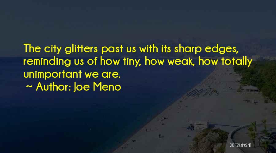 Joe Meno Quotes: The City Glitters Past Us With Its Sharp Edges, Reminding Us Of How Tiny, How Weak, How Totally Unimportant We