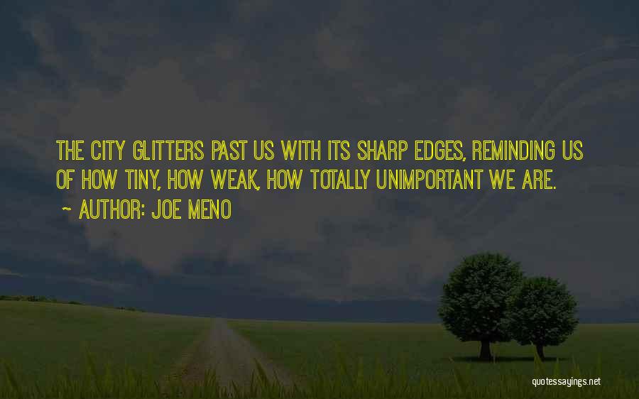 Joe Meno Quotes: The City Glitters Past Us With Its Sharp Edges, Reminding Us Of How Tiny, How Weak, How Totally Unimportant We