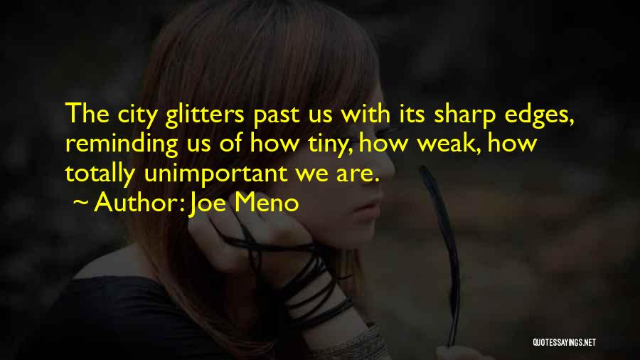 Joe Meno Quotes: The City Glitters Past Us With Its Sharp Edges, Reminding Us Of How Tiny, How Weak, How Totally Unimportant We