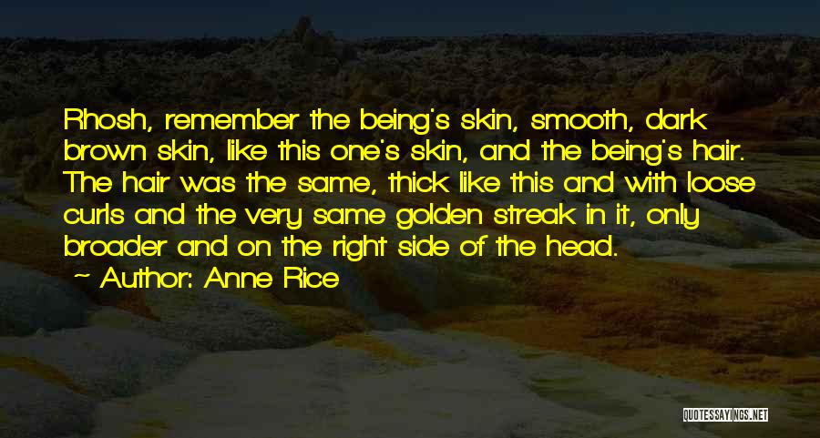 Anne Rice Quotes: Rhosh, Remember The Being's Skin, Smooth, Dark Brown Skin, Like This One's Skin, And The Being's Hair. The Hair Was