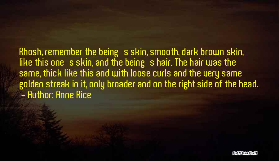 Anne Rice Quotes: Rhosh, Remember The Being's Skin, Smooth, Dark Brown Skin, Like This One's Skin, And The Being's Hair. The Hair Was