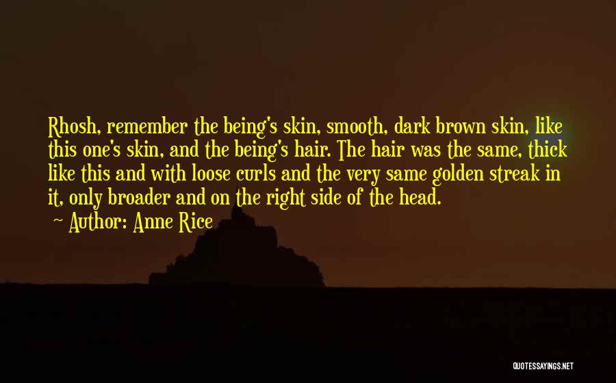 Anne Rice Quotes: Rhosh, Remember The Being's Skin, Smooth, Dark Brown Skin, Like This One's Skin, And The Being's Hair. The Hair Was