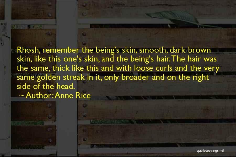 Anne Rice Quotes: Rhosh, Remember The Being's Skin, Smooth, Dark Brown Skin, Like This One's Skin, And The Being's Hair. The Hair Was