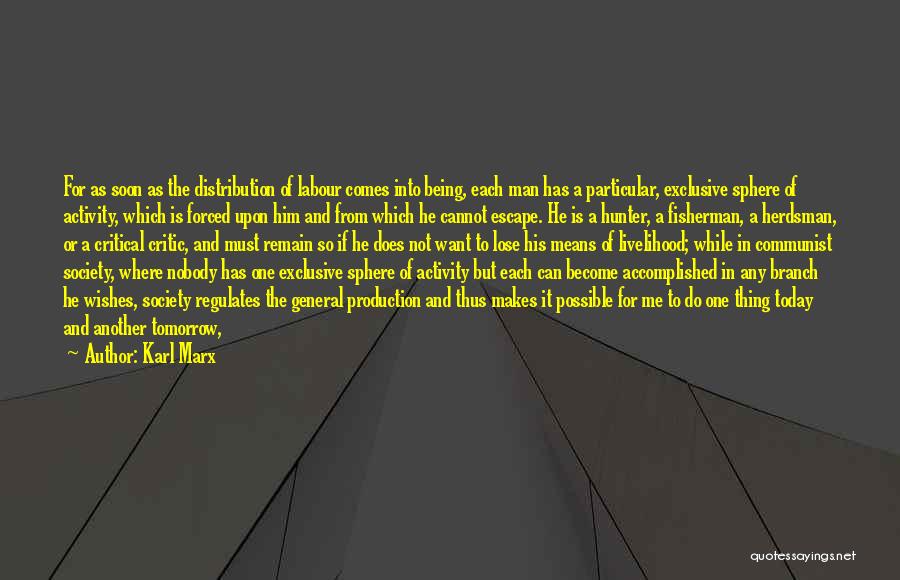 Karl Marx Quotes: For As Soon As The Distribution Of Labour Comes Into Being, Each Man Has A Particular, Exclusive Sphere Of Activity,