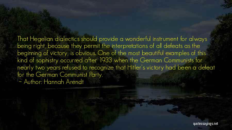 Hannah Arendt Quotes: That Hegelian Dialectics Should Provide A Wonderful Instrument For Always Being Right, Because They Permit The Interpretations Of All Defeats