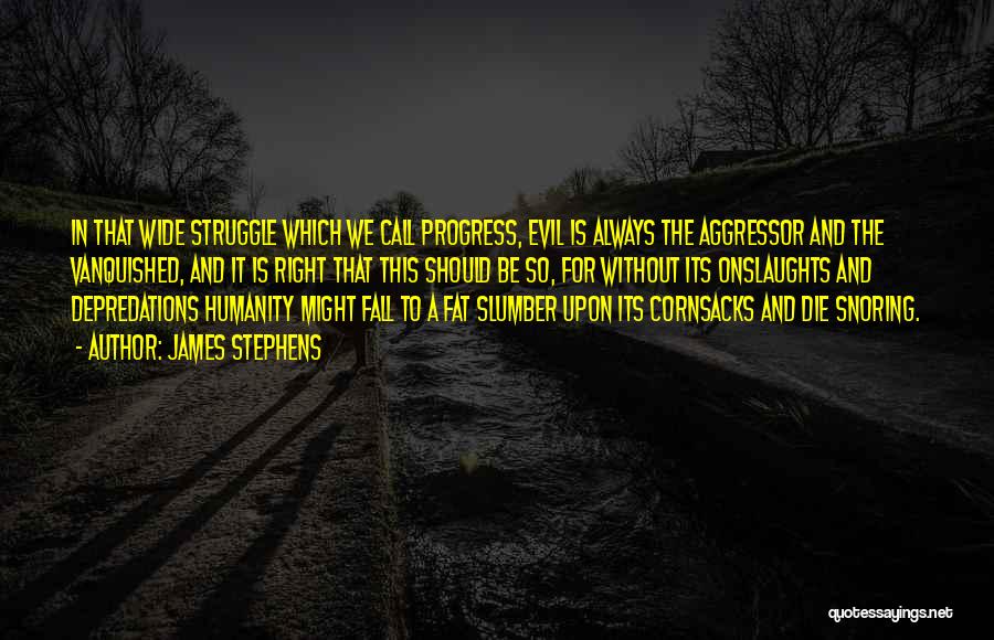 James Stephens Quotes: In That Wide Struggle Which We Call Progress, Evil Is Always The Aggressor And The Vanquished, And It Is Right