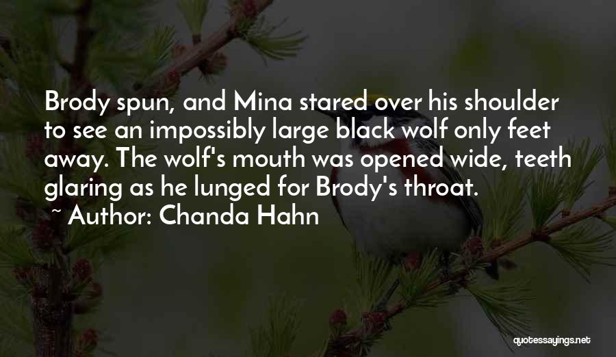 Chanda Hahn Quotes: Brody Spun, And Mina Stared Over His Shoulder To See An Impossibly Large Black Wolf Only Feet Away. The Wolf's