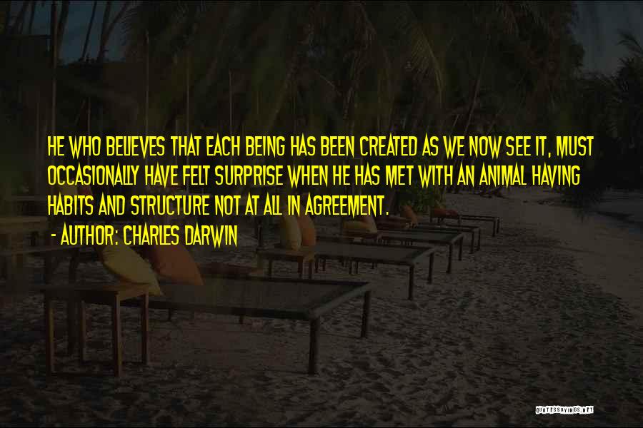 Charles Darwin Quotes: He Who Believes That Each Being Has Been Created As We Now See It, Must Occasionally Have Felt Surprise When