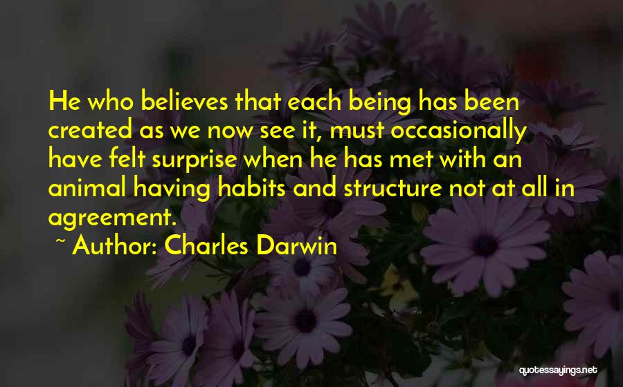 Charles Darwin Quotes: He Who Believes That Each Being Has Been Created As We Now See It, Must Occasionally Have Felt Surprise When