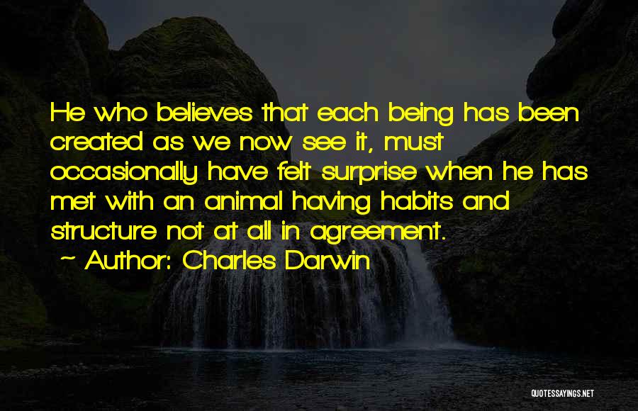 Charles Darwin Quotes: He Who Believes That Each Being Has Been Created As We Now See It, Must Occasionally Have Felt Surprise When