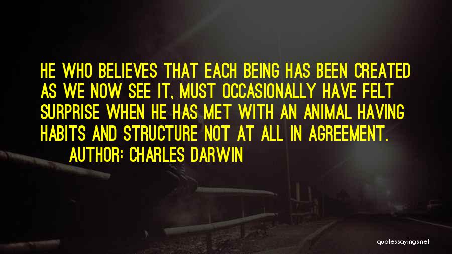Charles Darwin Quotes: He Who Believes That Each Being Has Been Created As We Now See It, Must Occasionally Have Felt Surprise When