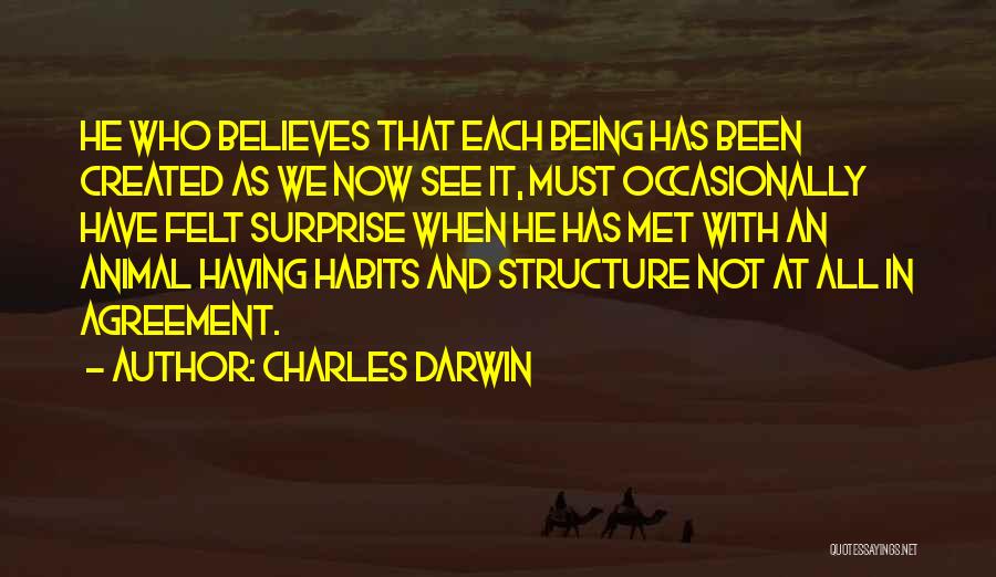 Charles Darwin Quotes: He Who Believes That Each Being Has Been Created As We Now See It, Must Occasionally Have Felt Surprise When