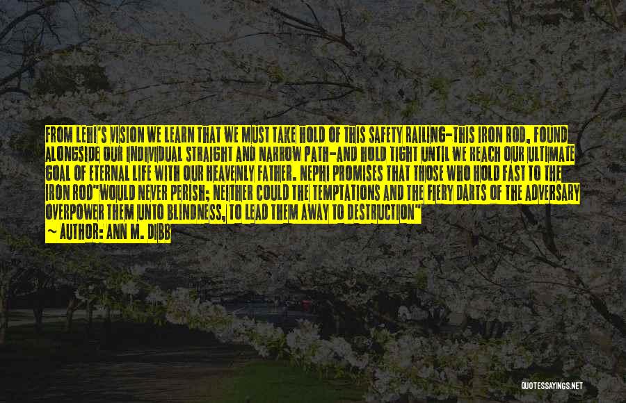 Ann M. Dibb Quotes: From Lehi's Vision We Learn That We Must Take Hold Of This Safety Railing-this Iron Rod, Found Alongside Our Individual